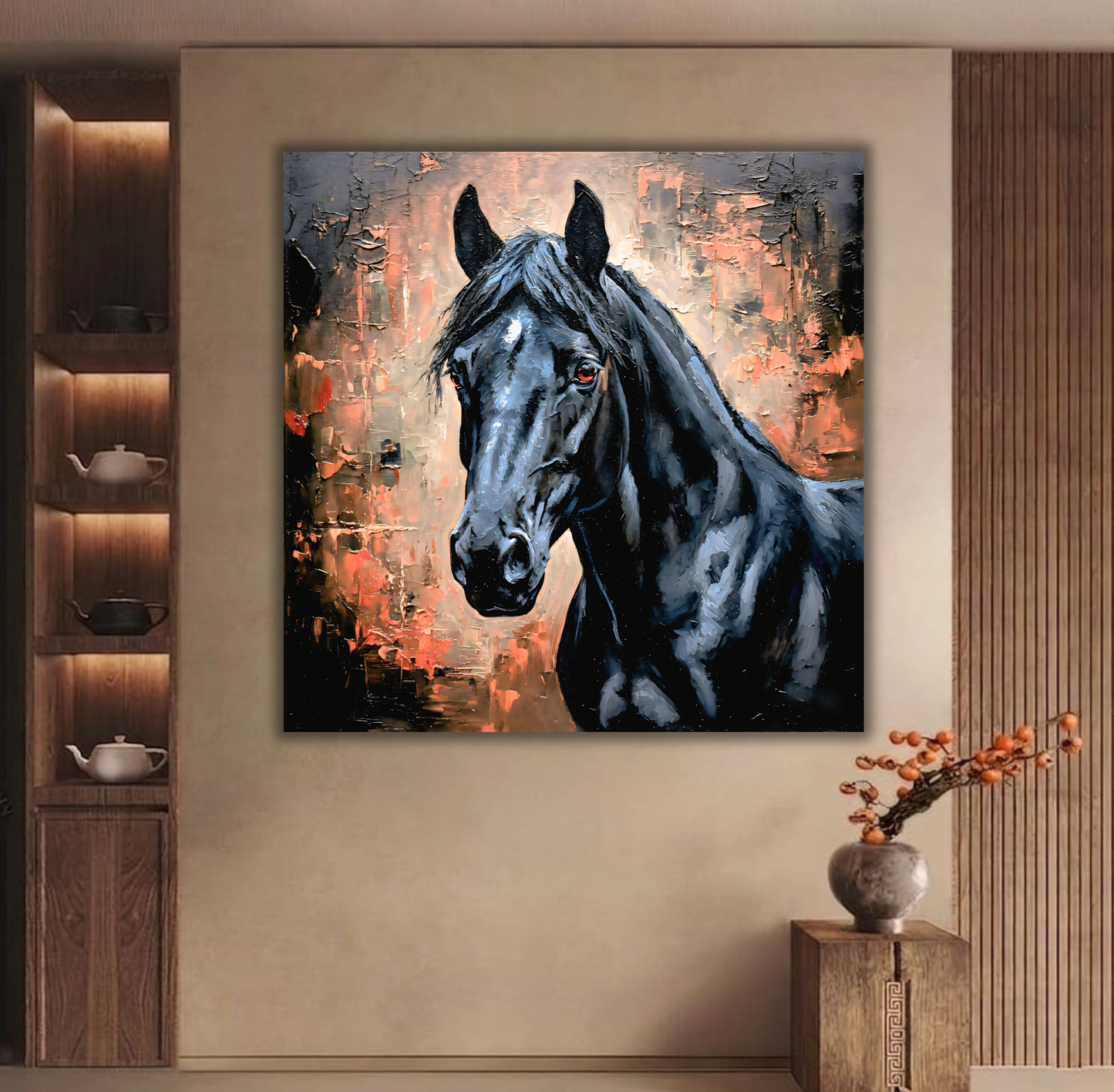 Midnight Majesty: Impasto Black Stallion Canvas Art