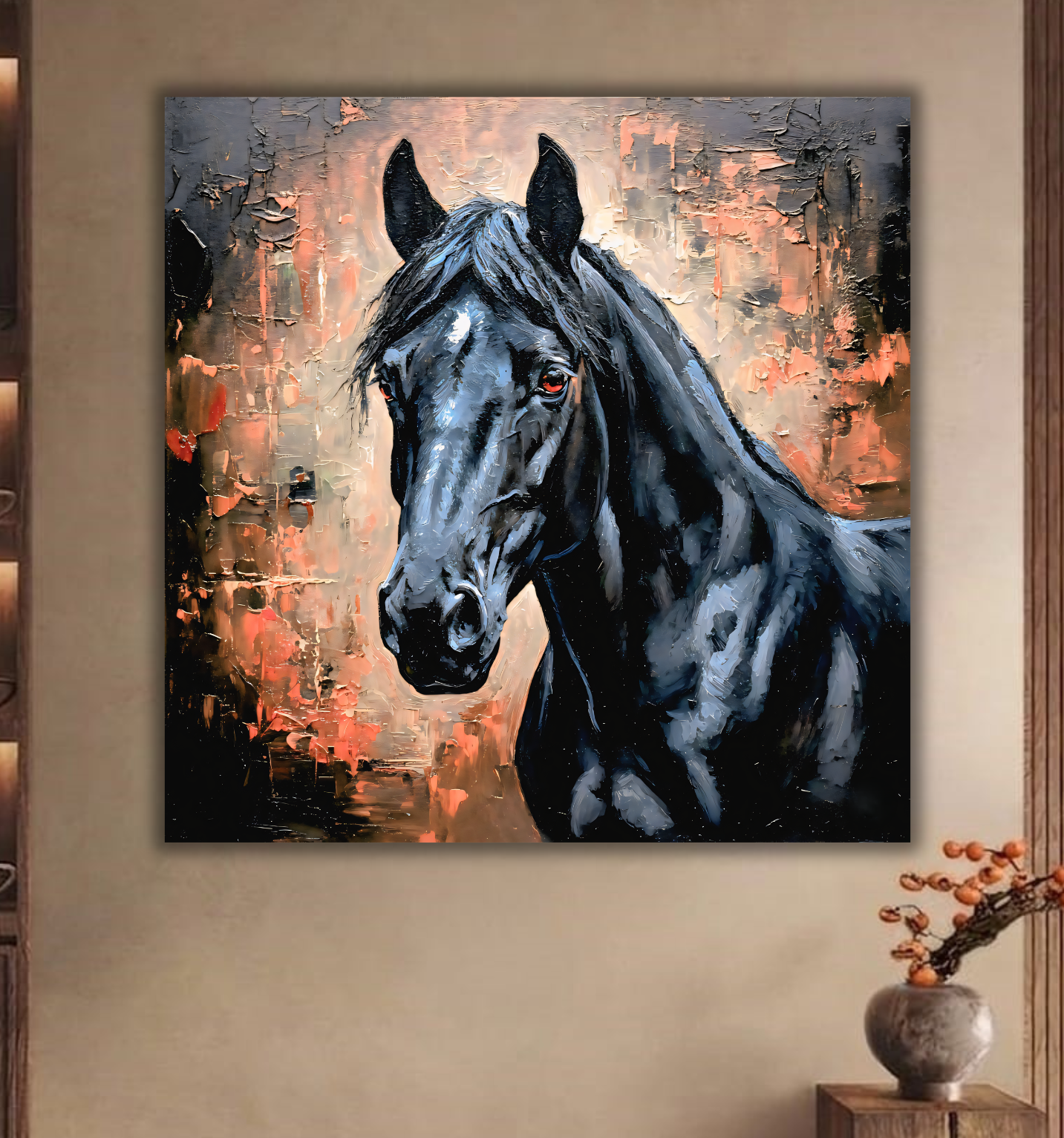 Midnight Majesty: Impasto Black Stallion Canvas Art