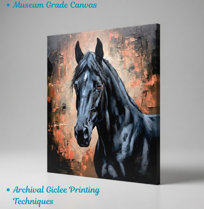 Midnight Majesty: Impasto Black Stallion Canvas Art