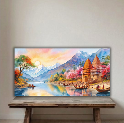 Sacred River Sunrise – Himalayan Heritage Panoramic Canvas