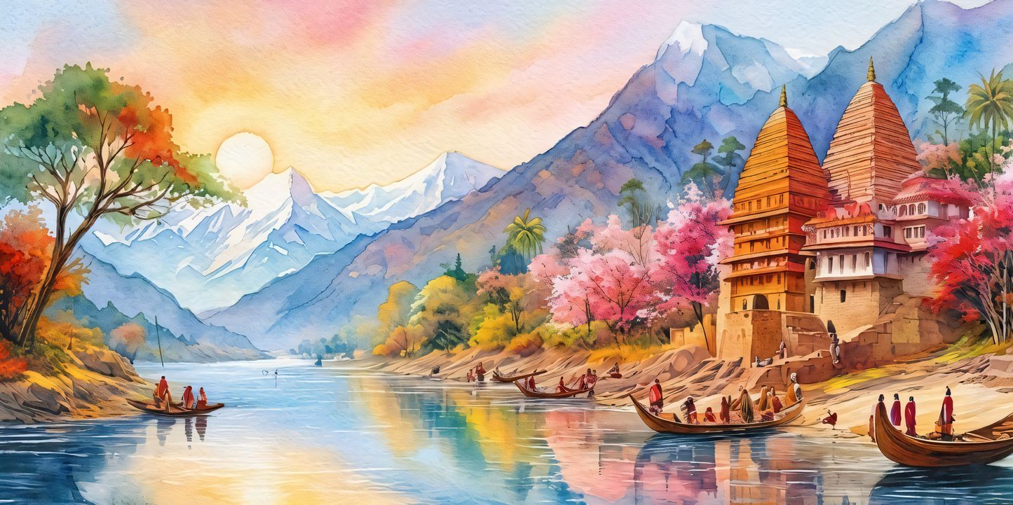 Sacred River Sunrise – Himalayan Heritage Panoramic Canvas