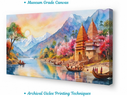Sacred River Sunrise – Himalayan Heritage Panoramic Canvas