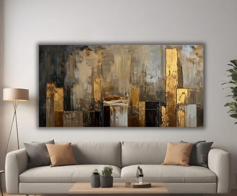 Golden Horizon: Abstract Urban Impasto Canvas Art