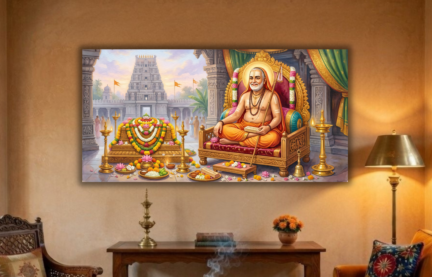 Divine Grace: Sri Raghavendra Swamy & Mantralayam Temple Canvas Art