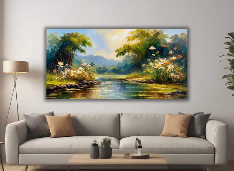 Sunlit Riverside Blooms Impasto Canvas Art