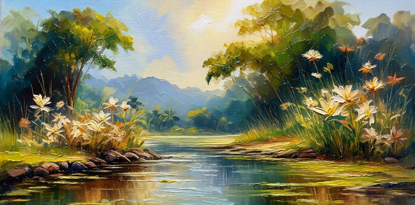 Sunlit Riverside Blooms Impasto Canvas Art