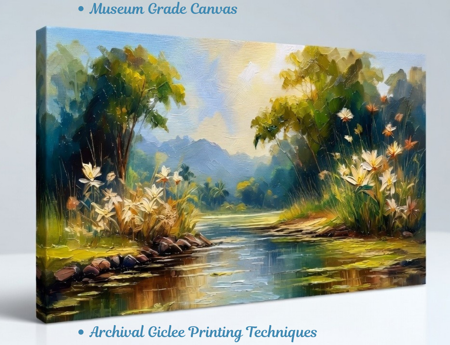 Sunlit Riverside Blooms Impasto Canvas Art