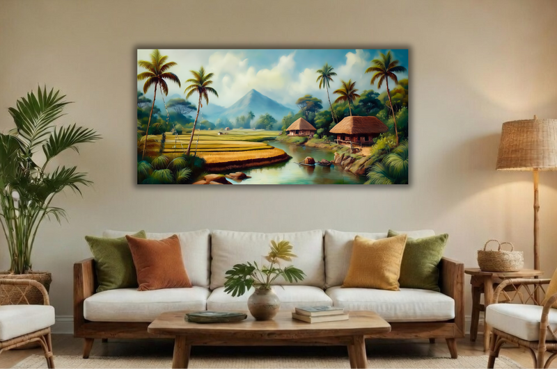 Golden Harvest Valley: Tropical Village Canvas Art