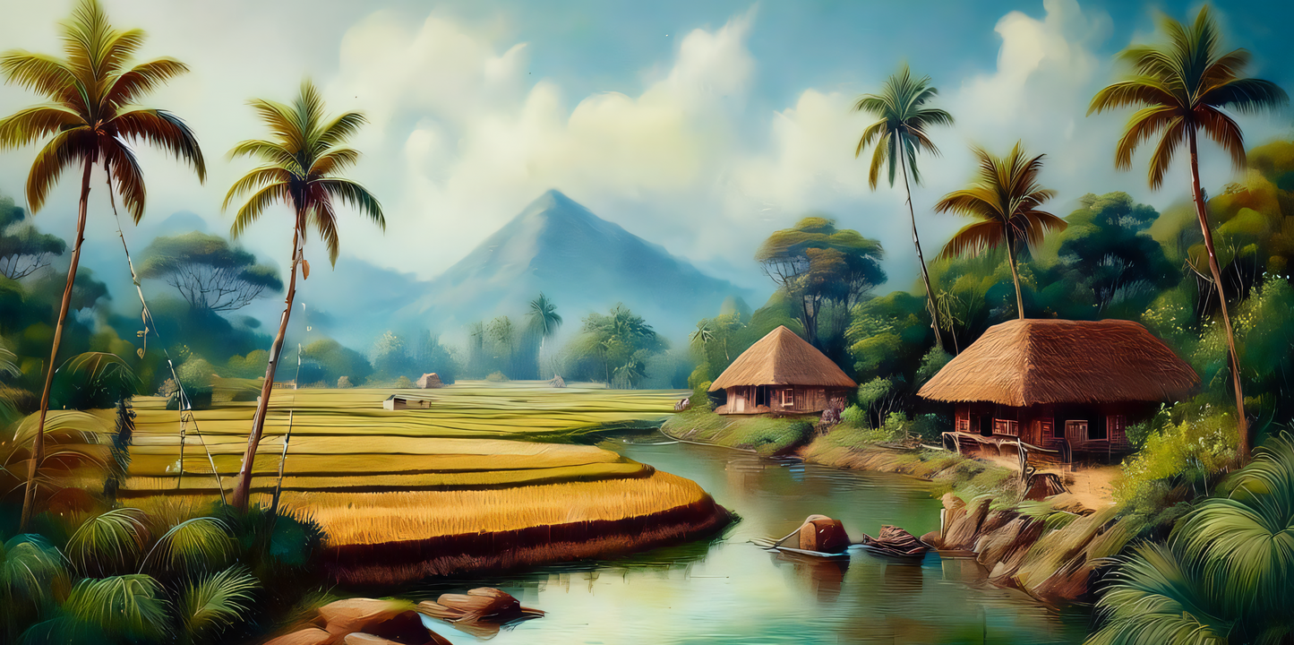 Golden Harvest Valley: Tropical Village Canvas Art