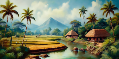 Golden Harvest Valley: Tropical Village Canvas Art