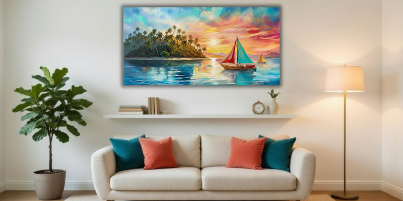 Twilight Voyage: Abstract Island Sunset Canvas Art