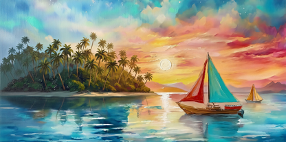 Twilight Voyage: Abstract Island Sunset Canvas Art