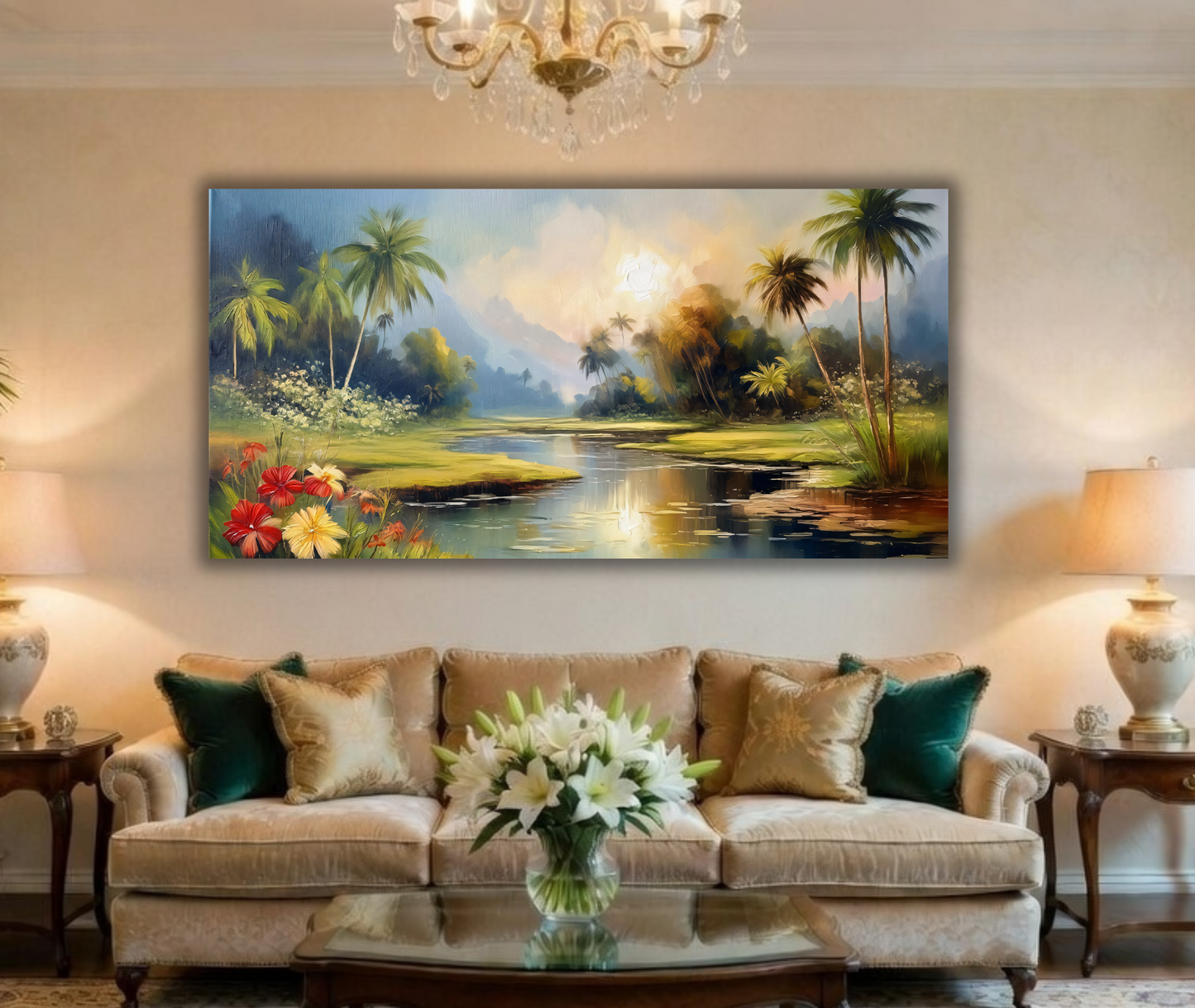 Misty Palms: Tropical River Dawn Canvas Art