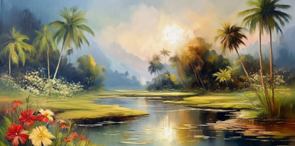 Misty Palms: Tropical River Dawn Canvas Art