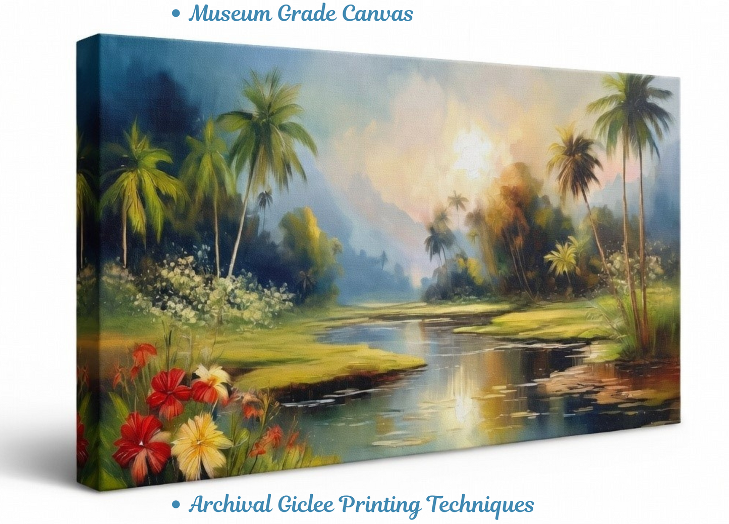 Misty Palms: Tropical River Dawn Canvas Art