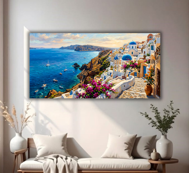 Santorini Sunscape – Mediterranean Coastal Canvas Art