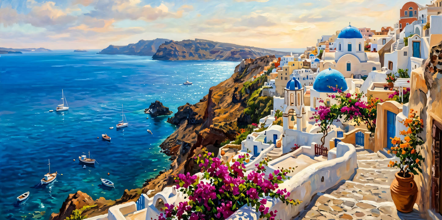 Santorini Sunscape – Mediterranean Coastal Canvas Art