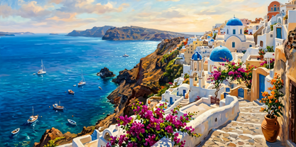 Santorini Sunscape – Mediterranean Coastal Canvas Art