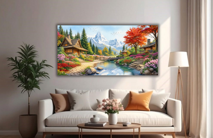 Alpine Garden Retreat – Panoramic Mountain Landscape Canvas Art
