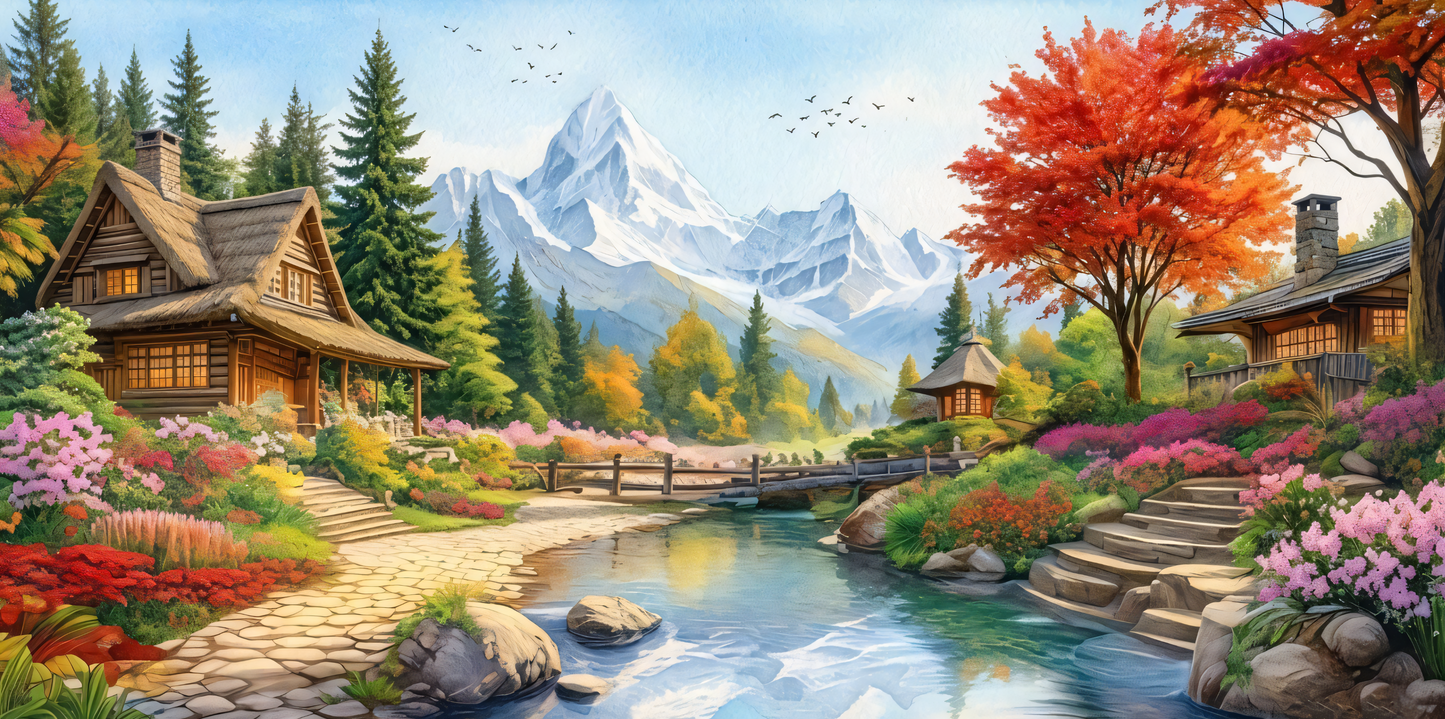 Alpine Garden Retreat – Panoramic Mountain Landscape Canvas Art