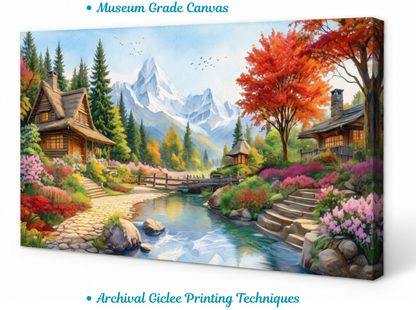 Alpine Garden Retreat – Panoramic Mountain Landscape Canvas Art