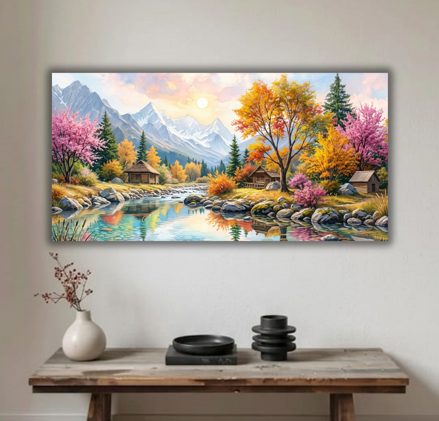 Sunlit Mountain Oasis – Panoramic Watercolor Landscape