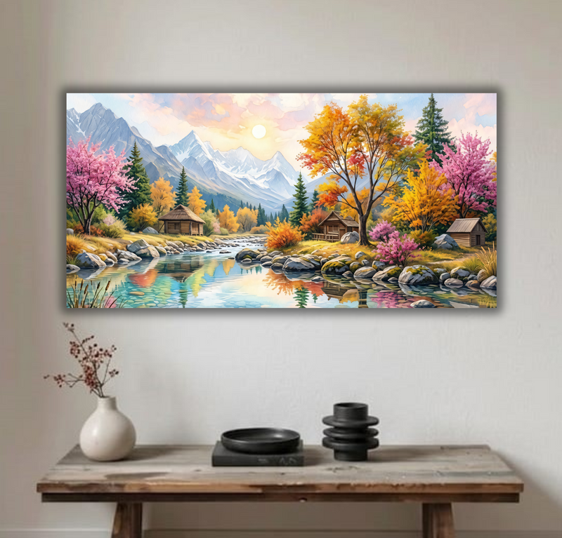 Sunlit Mountain Oasis – Panoramic Watercolor Landscape