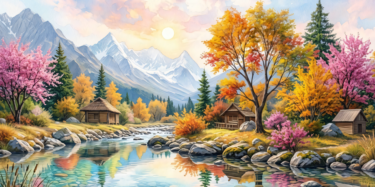 Sunlit Mountain Oasis – Panoramic Watercolor Landscape