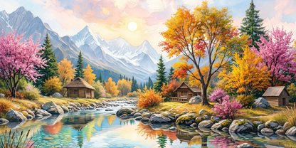 Sunlit Mountain Oasis – Panoramic Watercolor Landscape
