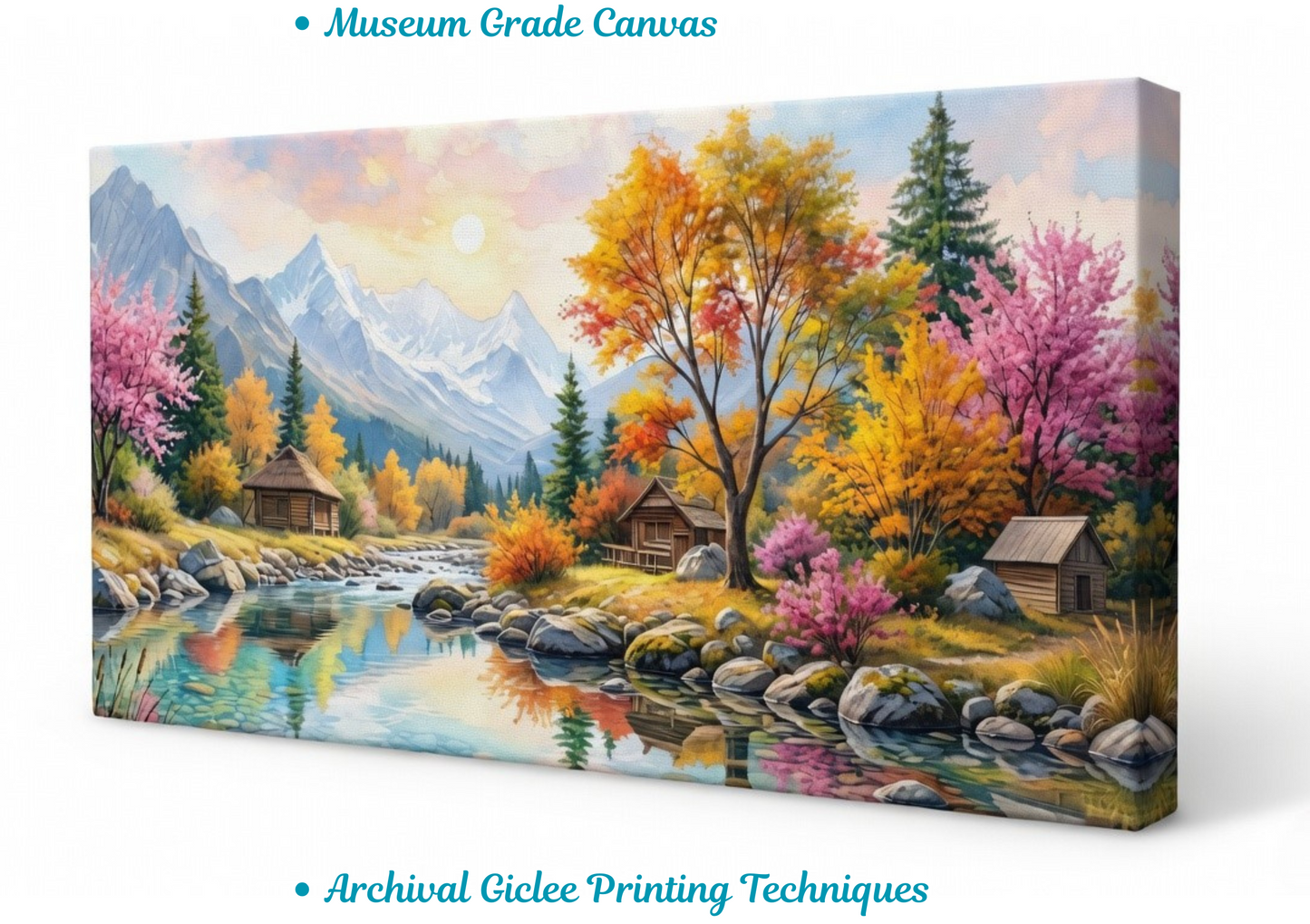 Sunlit Mountain Oasis – Panoramic Watercolor Landscape