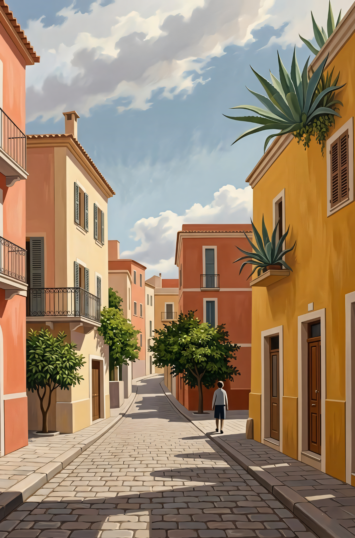 Sunny European Cobblestone Street - Italian Vista Art