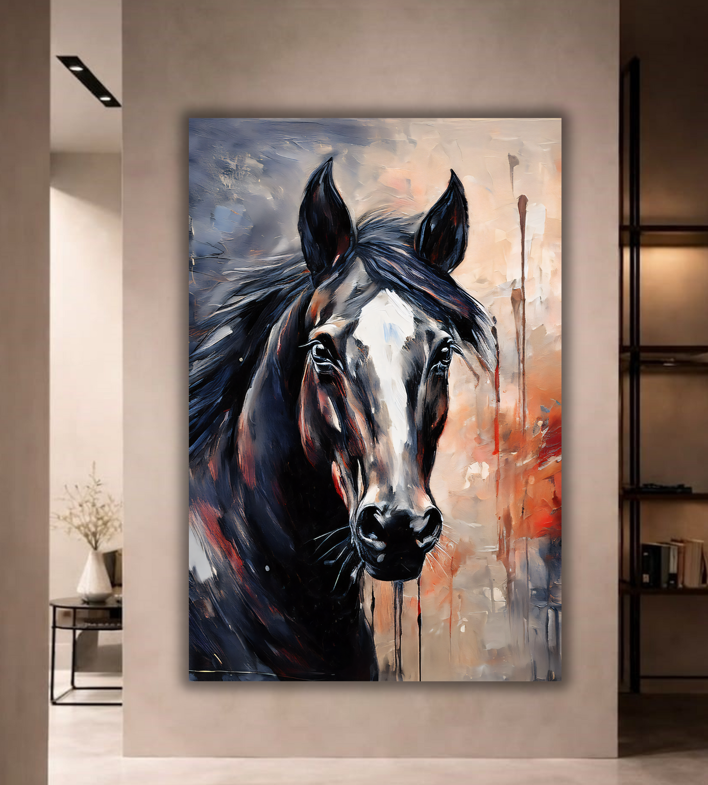 Midnight Majesty: Abstract Dark Horse Portrait Canvas Art
