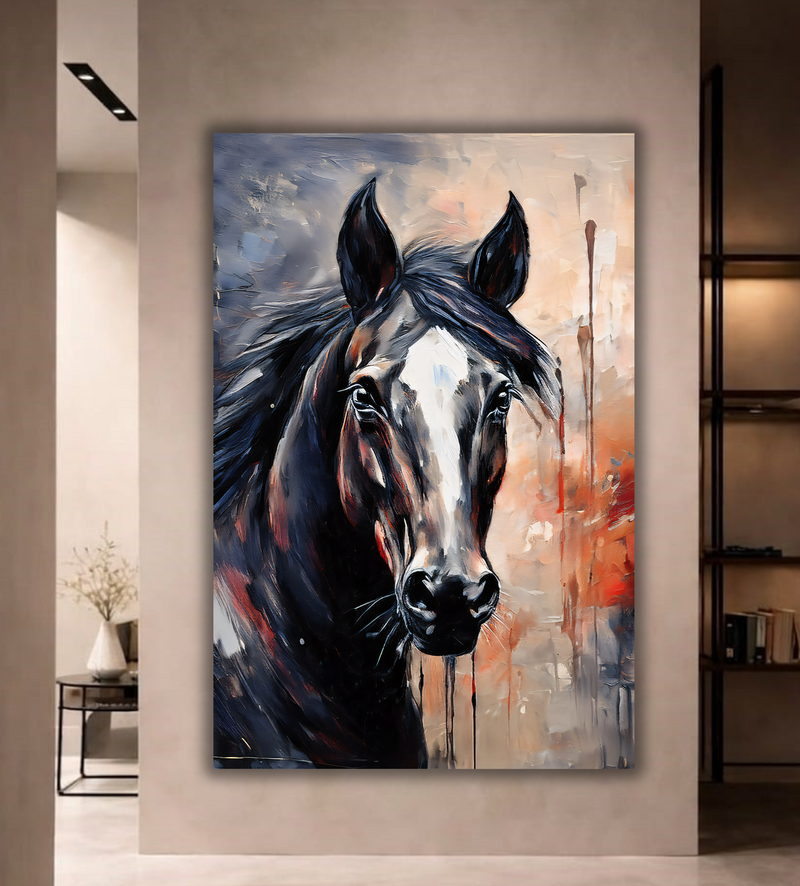 Midnight Majesty: Abstract Dark Horse Portrait Canvas Art