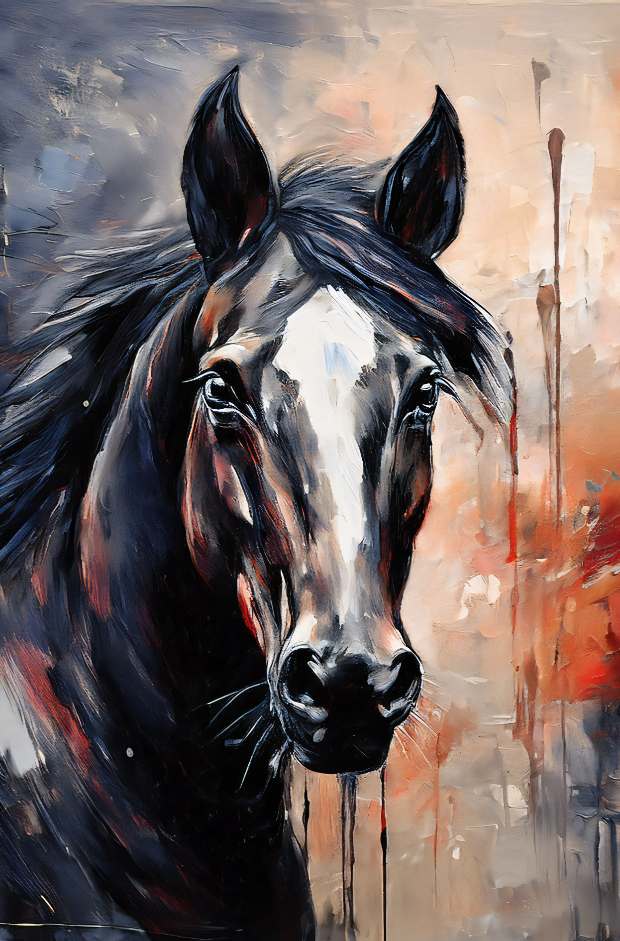 Midnight Majesty: Abstract Dark Horse Portrait Canvas Art