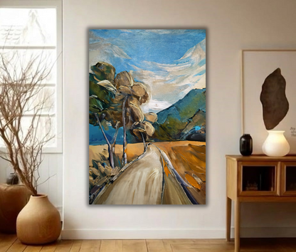Golden Valley Path: Impressionist Mountain Landscape Canvas Art