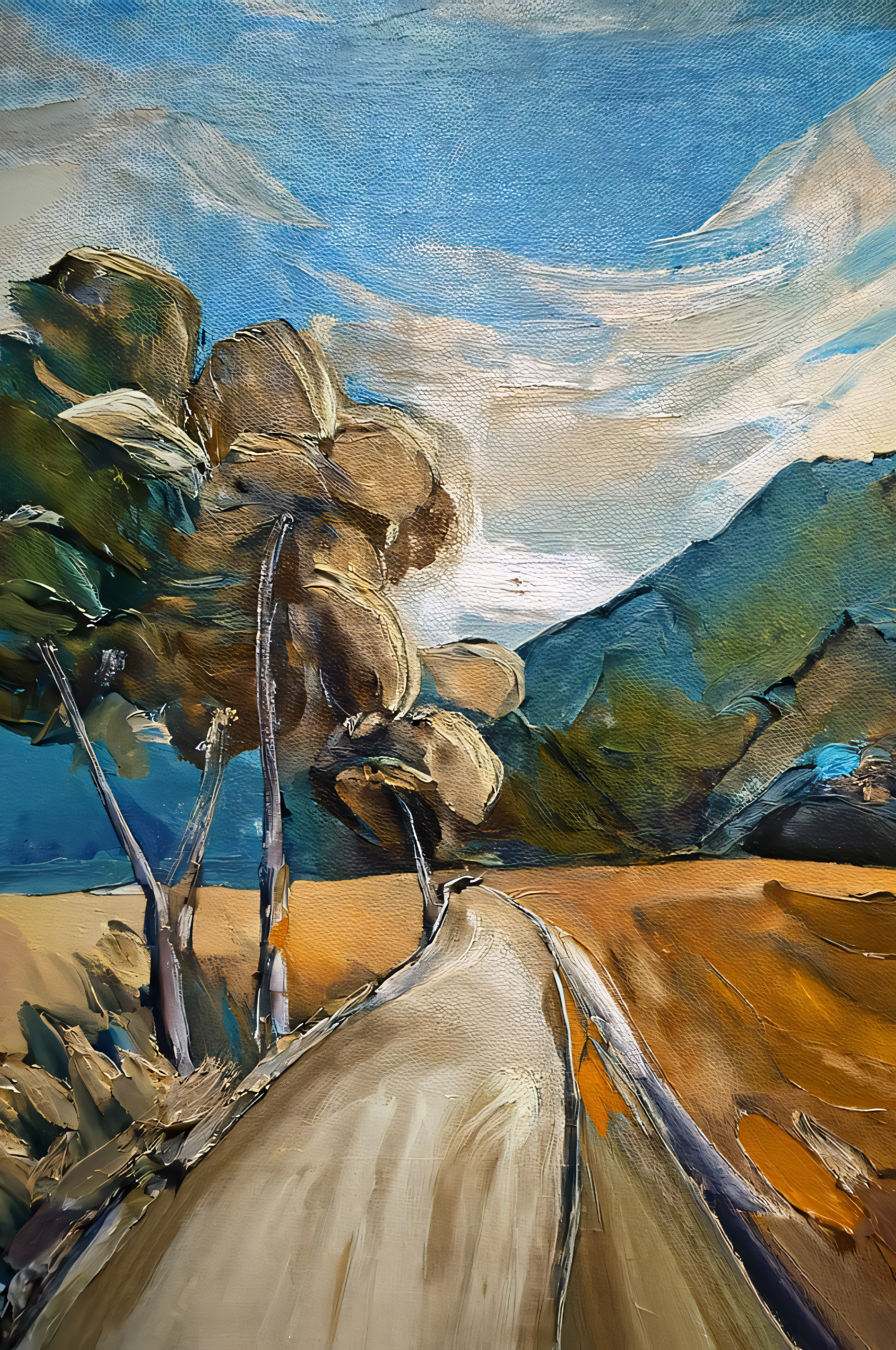 Golden Valley Path: Impressionist Mountain Landscape Canvas Art