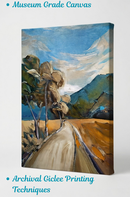 Golden Valley Path: Impressionist Mountain Landscape Canvas Art