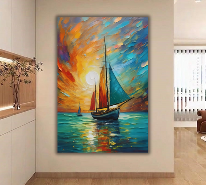 Golden Sails at Sunset: Impressionist Maritime Canvas Art