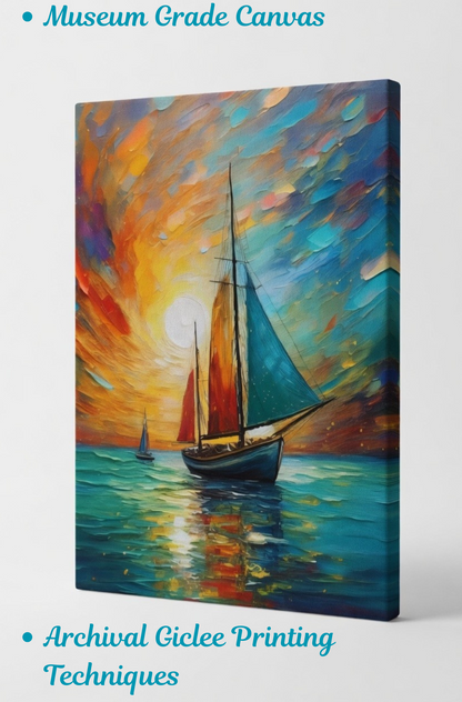 Golden Sails at Sunset: Impressionist Maritime Canvas Art