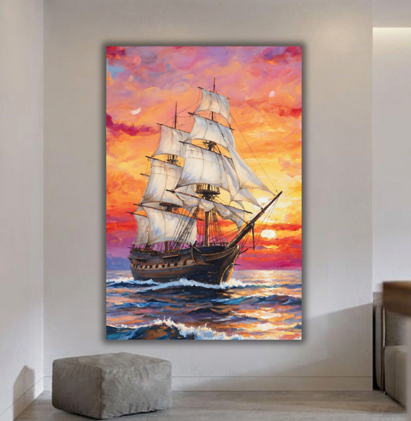 Crimson Voyage: Majestic Galleon at Sunset Canvas Art