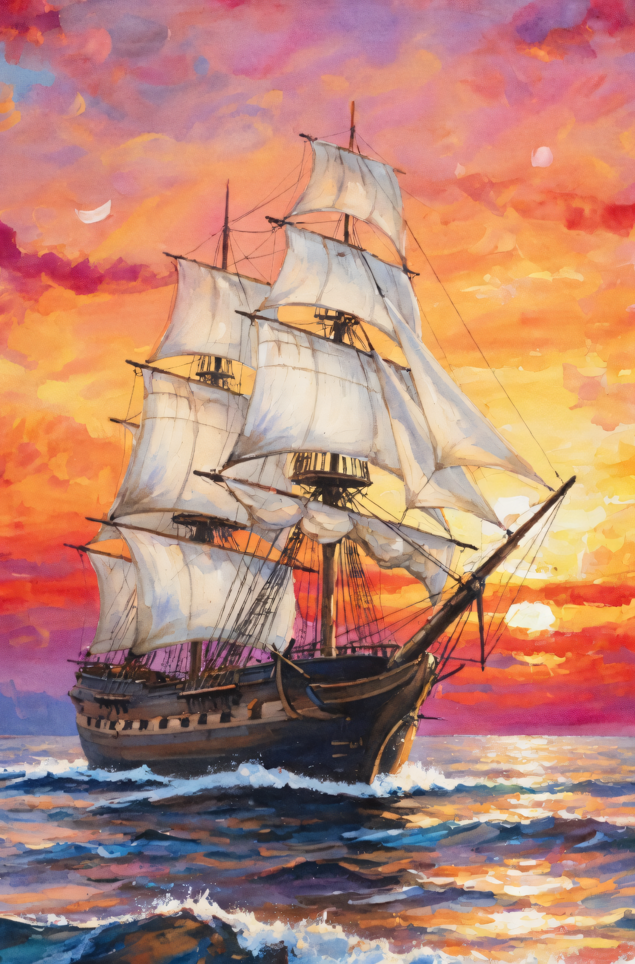 Crimson Voyage: Majestic Galleon at Sunset Canvas Art