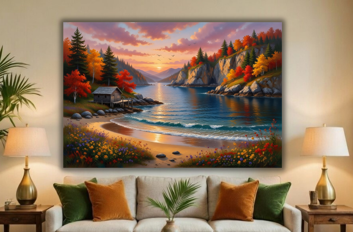 Serene Shoreline: Autumn Lakeside Retreat Canvas Art