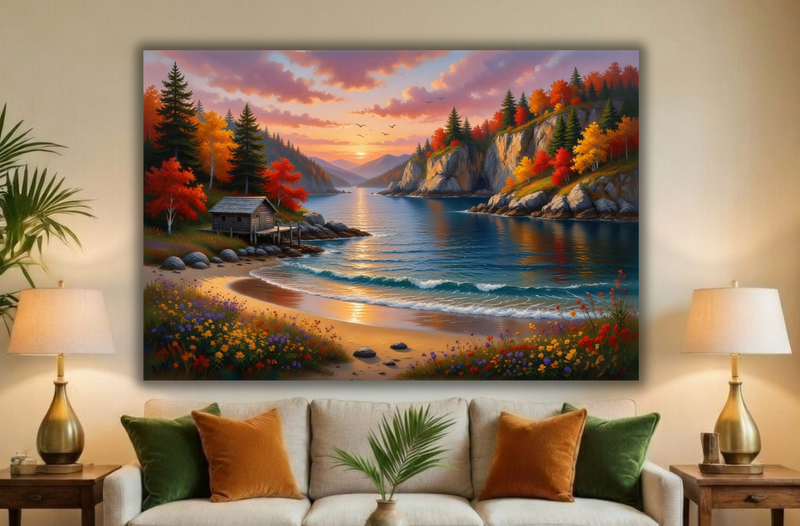 Serene Shoreline: Autumn Lakeside Retreat Canvas Art