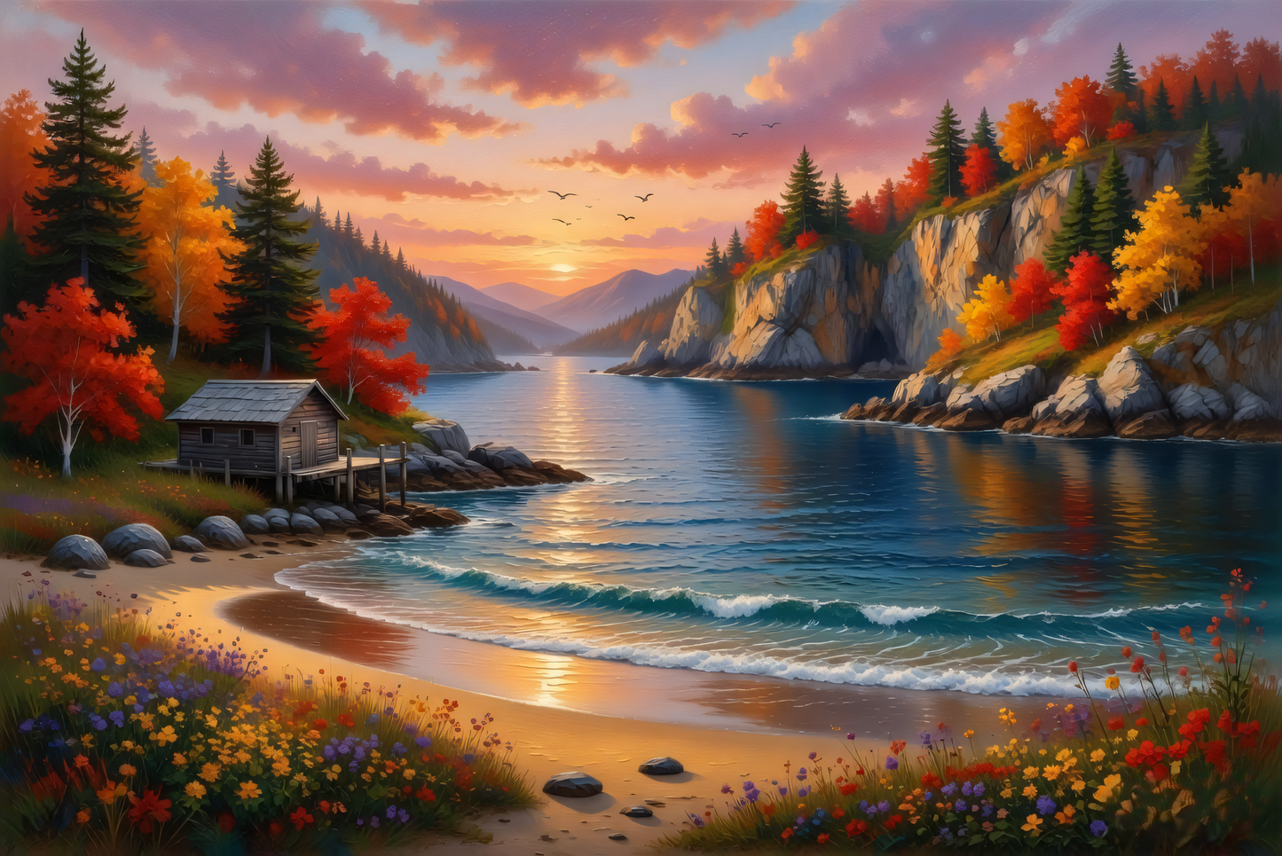 Serene Shoreline: Autumn Lakeside Retreat Canvas Art