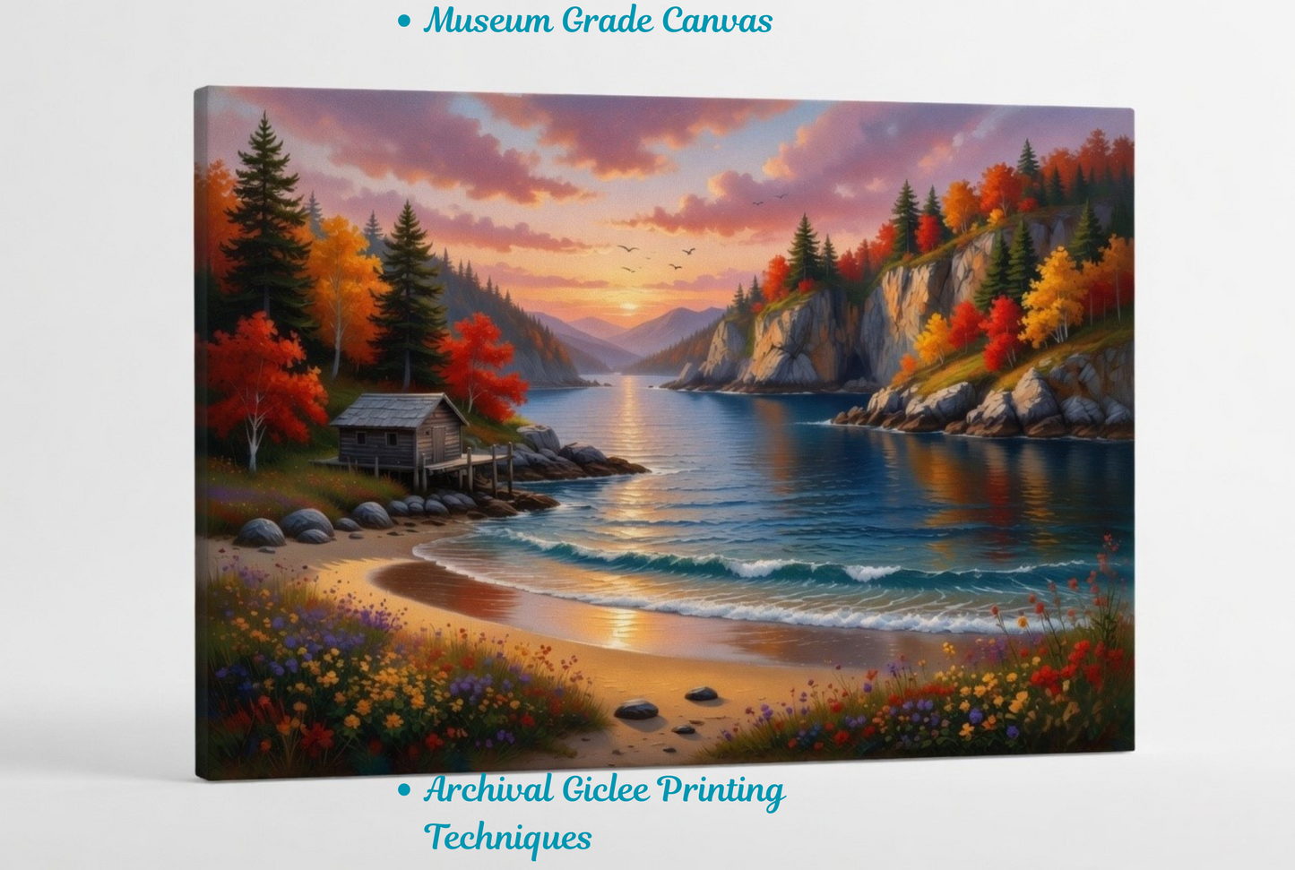 Serene Shoreline: Autumn Lakeside Retreat Canvas Art
