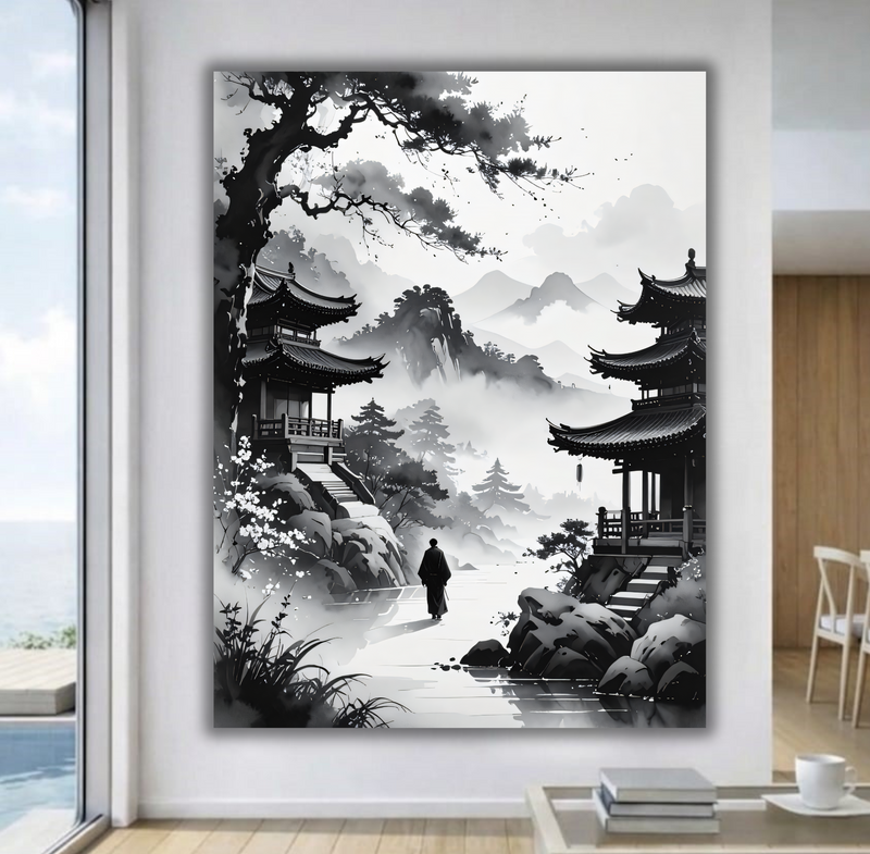 The Wanderer’s Path: Zen Ink Wash Monochrome Landscape