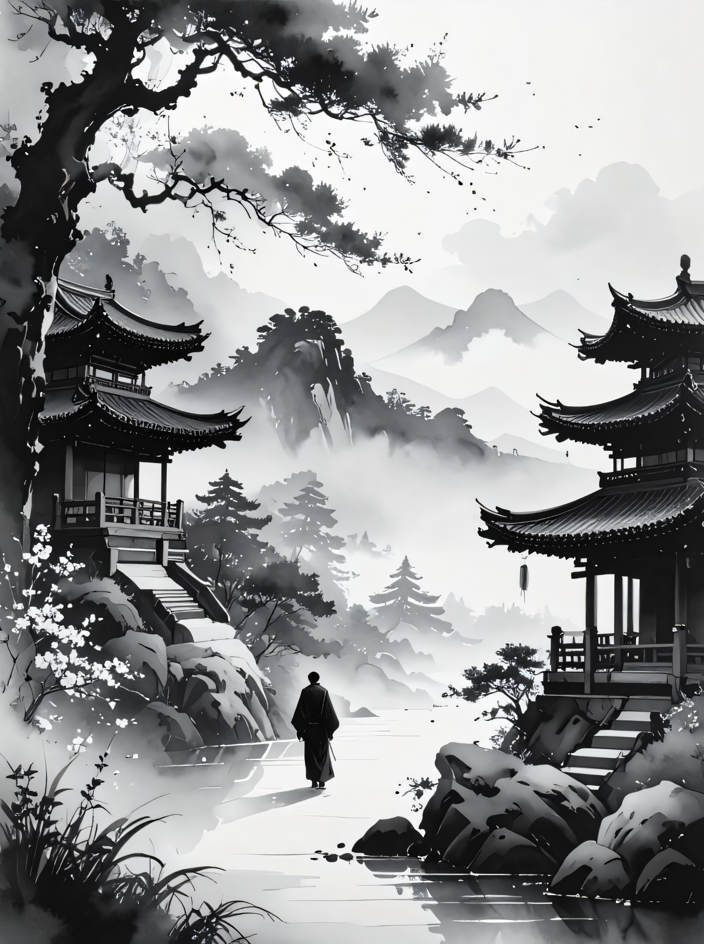 The Wanderer’s Path: Zen Ink Wash Monochrome Landscape