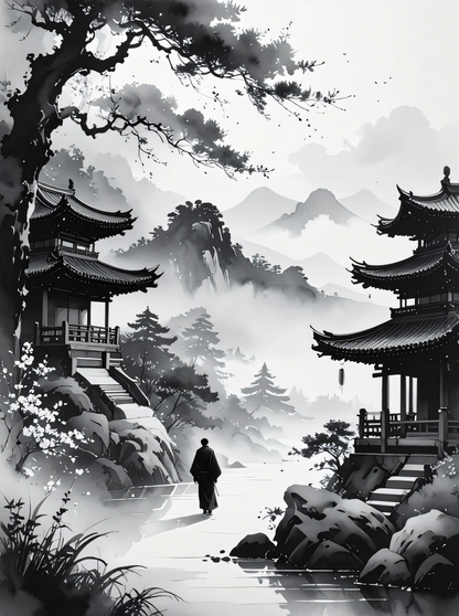 The Wanderer’s Path: Zen Ink Wash Monochrome Landscape