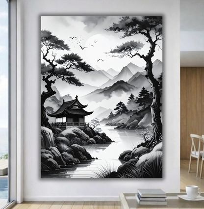 Echoes of Silence: Monochrome Zen Lakeside Pagoda Art