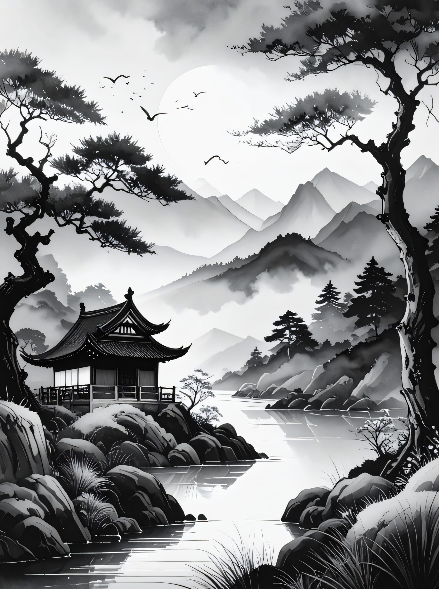 Echoes of Silence: Monochrome Zen Lakeside Pagoda Art